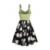Mini Robe Décontractée à Imprimé Feuille Marguerite à Taille Haute en Blocs de Couleurs à Lacets - Vert clair XXL