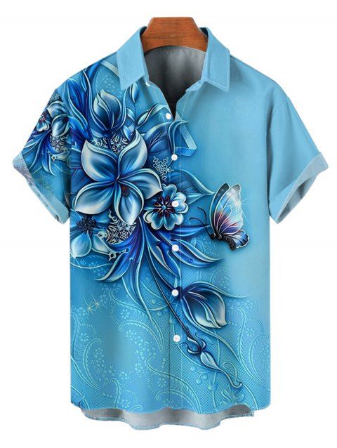 Chemise de Vacances Fleur et Papillon Imprimés à Manches Courtes