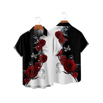 Two Tone Rose Butterfly Print Short Sleeve Button Up Shirt