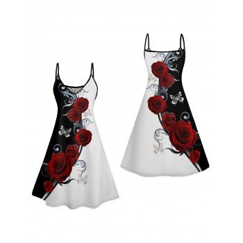 Two Tone Rose Butterfly Print A Line Mini Dress And Short Sleeve Shirt Matching Outfit