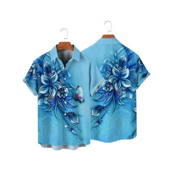 Flower Butterfly Print Short Sleeve Button Up Vacation Shirt