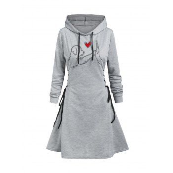 Puppy Heart Palm Print Lace Up Hooded Dress Valentine`s Day Long Sleeve Mini Dress 