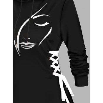 Contrast Face Print Lace Up Hooded Dress Drawstring Long Sleeve Casual Mini Dress
