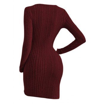 Solid Color Ribbed Crossover V Neck Bodycon Dress Tulip Hem Long Sleeve Mini 
