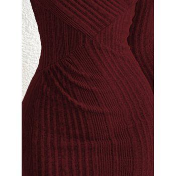 Solid Color Ribbed Crossover V Neck Bodycon Dress Tulip Hem Long Sleeve Mini