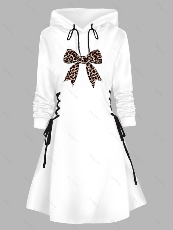 Mini Robe à Capuche Décontractée Léopard Imprimé à Lacets avec Nœud Papillon - Blanc XXL | US 14