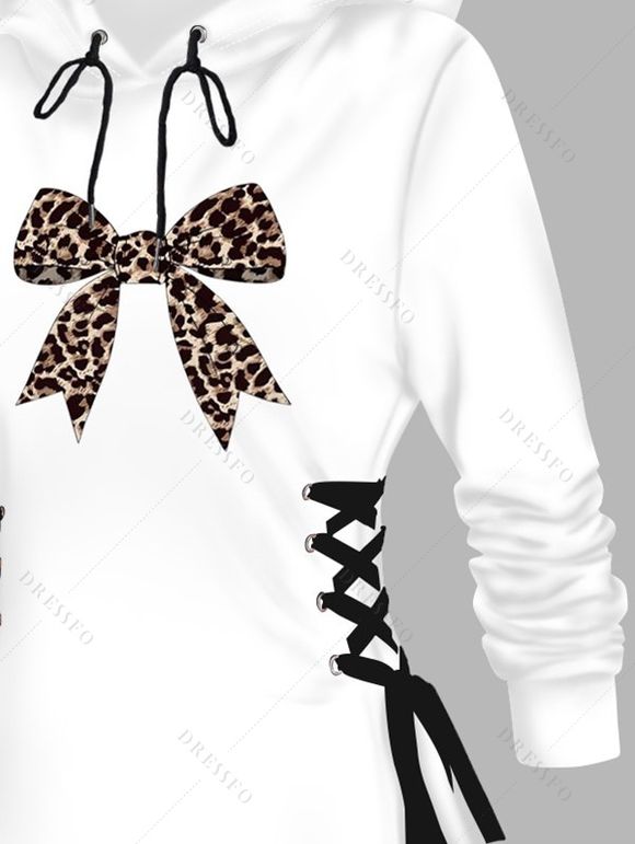 Mini Robe à Capuche Décontractée Léopard Imprimé à Lacets avec Nœud Papillon - Blanc XXL | US 14