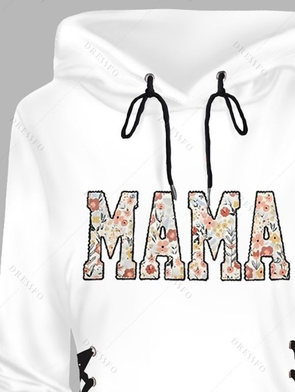 Robe Courte Imprimée Lettre Florale à Capuche à Lacets à Manches Longues - Blanc XXL | US 14