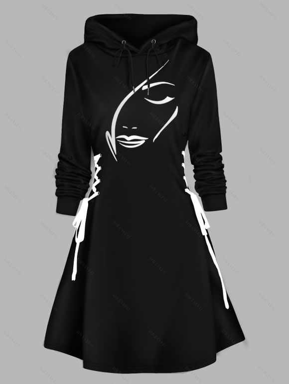 Mini Robe à Capuche Décontractée Visage Imprimé à Lacets à Manches Longues - Noir XL | US 12
