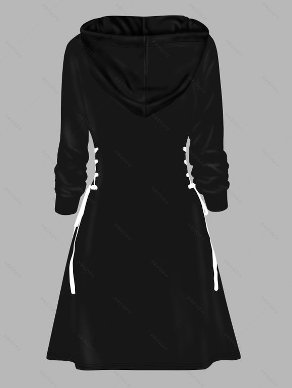 Mini Robe à Capuche Décontractée Visage Imprimé à Lacets à Manches Longues - Noir XL | US 12