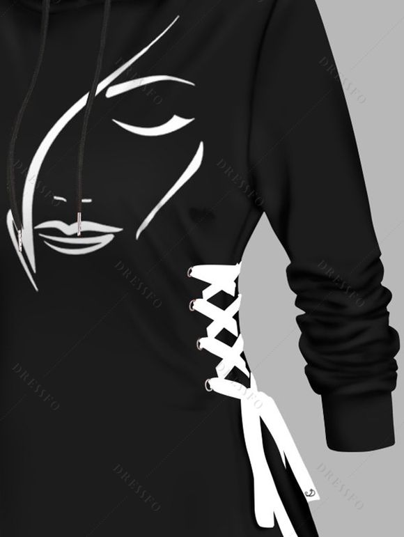 Mini Robe à Capuche Décontractée Visage Imprimé à Lacets à Manches Longues - Noir XL | US 12
