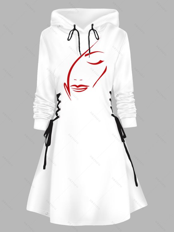 Mini Robe à Capuche Décontractée Visage Imprimé à Lacets à Manches Longues - Blanc L | US 8-10