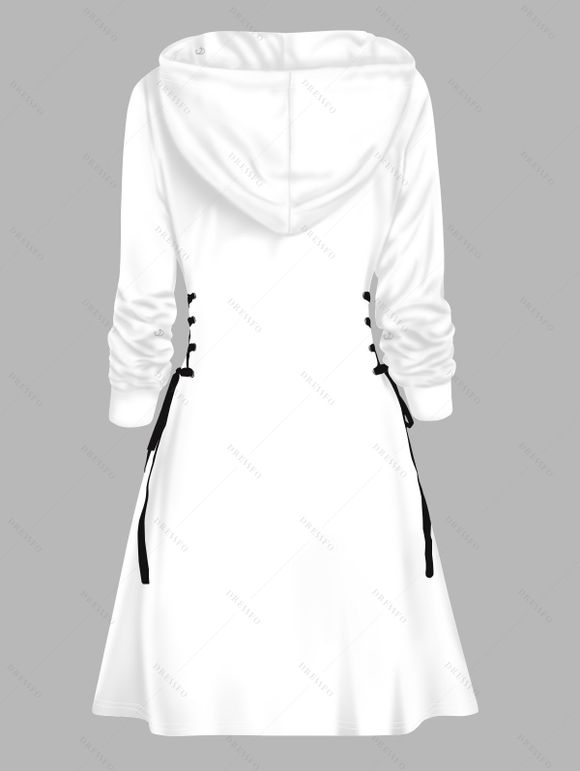 Mini Robe à Capuche Décontractée Visage Imprimé à Lacets à Manches Longues - Blanc L | US 8-10