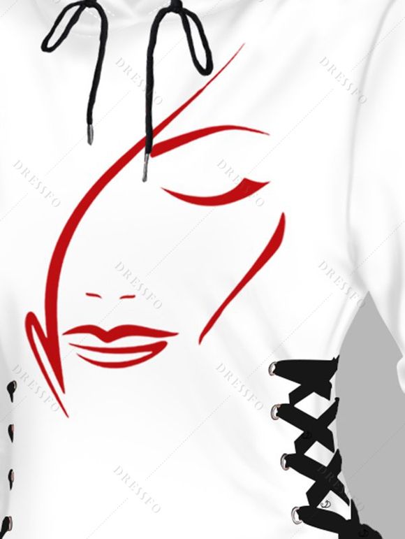 Mini Robe à Capuche Décontractée Visage Imprimé à Lacets à Manches Longues - Blanc L | US 8-10