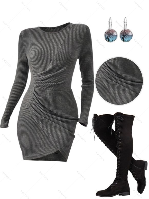 Ruched Tulip Hem Knit Bodycon Dress And Lace Up Over The Knee Boots Life Tree Pattern Drop Earrings Outfit - Gris S | US 4