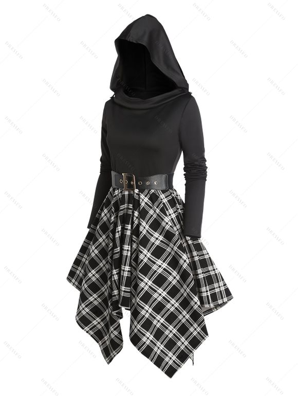 Plaid Panel Cowl Neck Belted Asymmetric Hooded Dress And Lace Up Over The Knee Boots Heart Rose Gothic Drop Earrings Outfit - Noir S | US 4