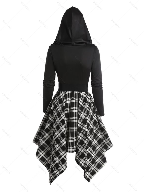 Plaid Panel Cowl Neck Belted Asymmetric Hooded Dress And Lace Up Over The Knee Boots Heart Rose Gothic Drop Earrings Outfit - Noir S | US 4