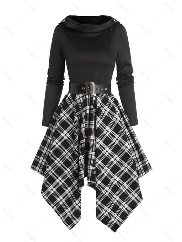 Plaid Panel Cowl Neck Belted Asymmetric Hooded Dress And Lace Up Over The Knee Boots Heart Rose Gothic Drop Earrings Outfit - Noir S | US 4