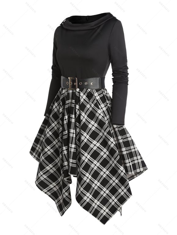 Plaid Panel Cowl Neck Belted Asymmetric Hooded Dress And Lace Up Over The Knee Boots Heart Rose Gothic Drop Earrings Outfit - Noir S | US 4