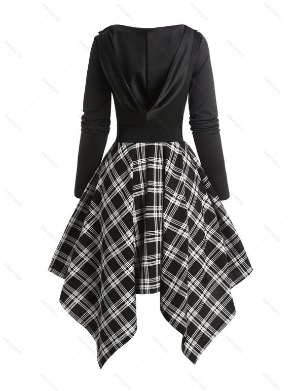 Plaid Panel Cowl Neck Belted Asymmetric Hooded Dress And Lace Up Over The Knee Boots Heart Rose Gothic Drop Earrings Outfit - Noir S | US 4