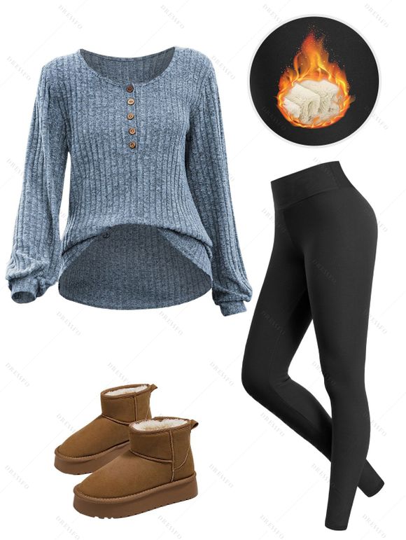 Half Button Ribbed Long Sleeve Top And Fleece-Lined Slim Fit Leggings Plush Lining Warm Boots Outfit - Bleu gris S | US 4