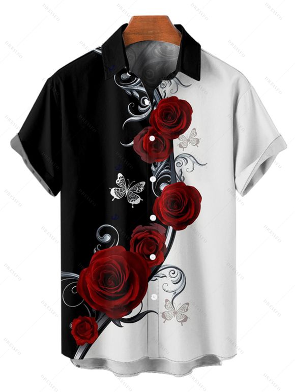 Chemise Bicolore Boutonnée Papillon et Rose Imprimés à Manches Courtes - Noir 4XL