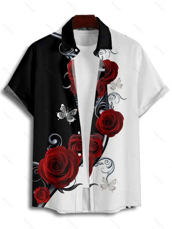 Chemise Bicolore Boutonnée Papillon et Rose Imprimés à Manches Courtes - Noir 2XL