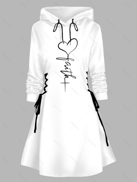 Robe Courte à Capuche Imprimé Coeur à Lacets à Manches Longues Saint-Valentin - Blanc XXL | US 14
