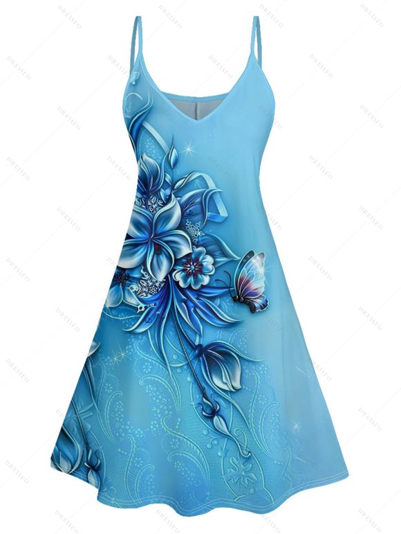 Mini Robe de Vacances Fleur Papillon Imprimés à Bretelle Fine - Bleu clair XXXXXL | US 20