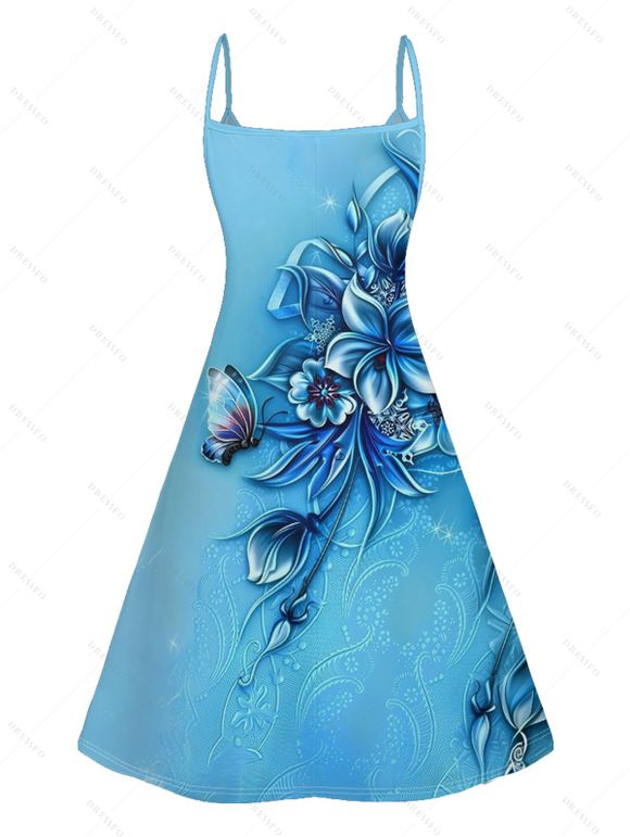 Mini Robe de Vacances Fleur Papillon Imprimés à Bretelle Fine - Bleu clair L | US 8-10