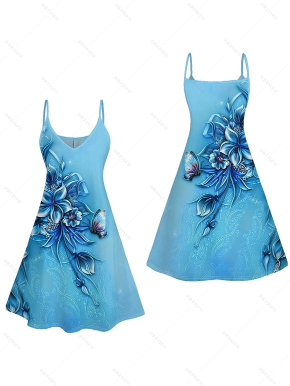 Mini Robe de Vacances Fleur Papillon Imprimés à Bretelle Fine - Bleu clair L | US 8-10
