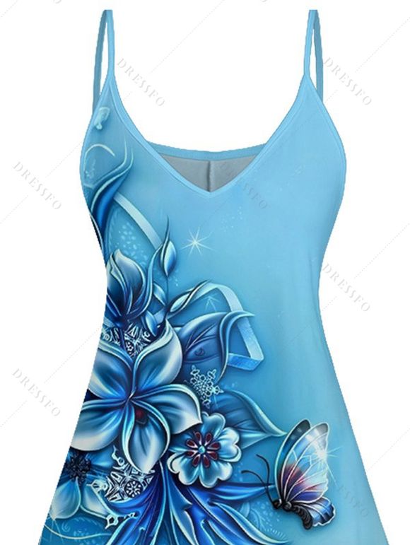 Mini Robe de Vacances Fleur Papillon Imprimés à Bretelle Fine - Bleu clair L | US 8-10