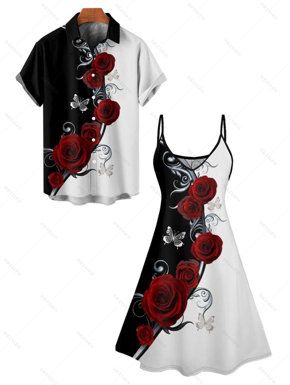 Two Tone Rose Butterfly Print A Line Mini Dress And Short Sleeve Shirt Matching Outfit - Noir S | US 4