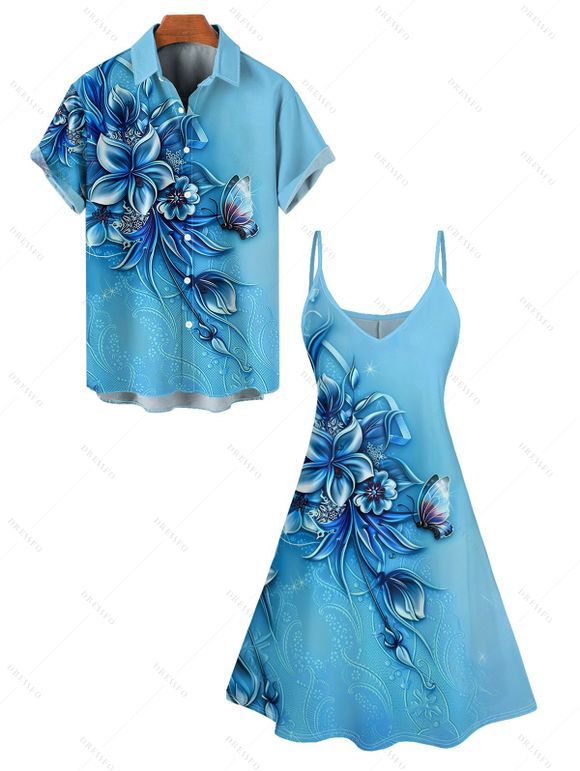 Butterfly Flower Print V Neck Mini Vacation Dress And Short Sleeve Shirt Matching Outfit - Bleu clair S | US 4