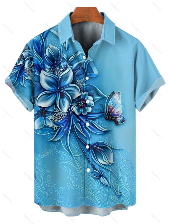 Butterfly Flower Print V Neck Mini Vacation Dress And Short Sleeve Shirt Matching Outfit - Bleu clair S | US 4