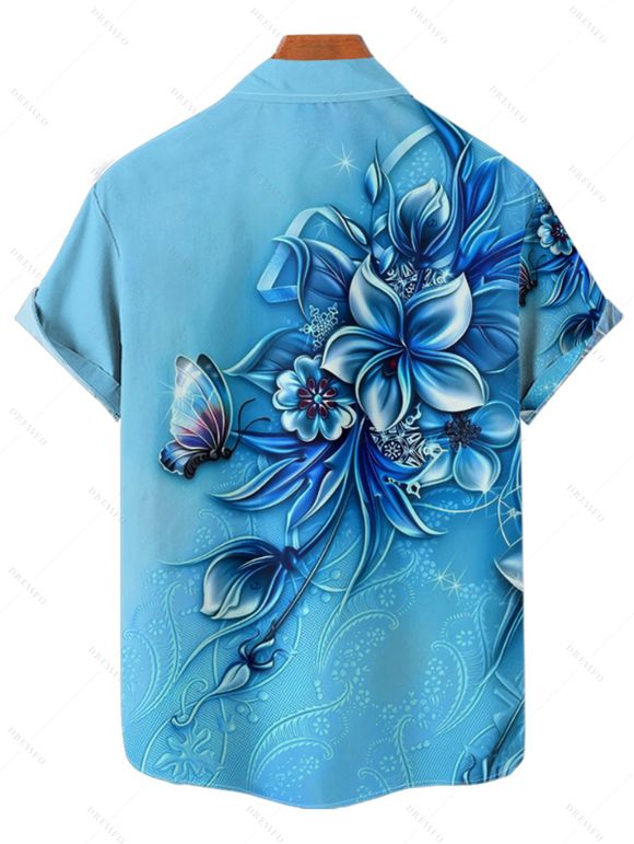 Butterfly Flower Print V Neck Mini Vacation Dress And Short Sleeve Shirt Matching Outfit - Bleu clair S | US 4