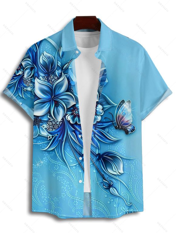 Butterfly Flower Print V Neck Mini Vacation Dress And Short Sleeve Shirt Matching Outfit - Bleu clair S | US 4