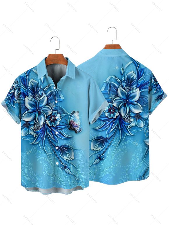 Butterfly Flower Print V Neck Mini Vacation Dress And Short Sleeve Shirt Matching Outfit - Bleu clair S | US 4