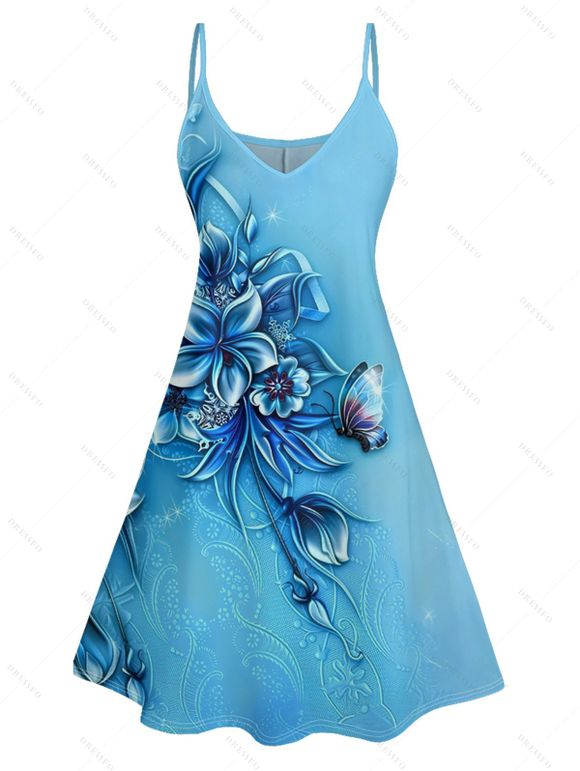 Butterfly Flower Print V Neck Mini Vacation Dress And Short Sleeve Shirt Matching Outfit - Bleu clair S | US 4