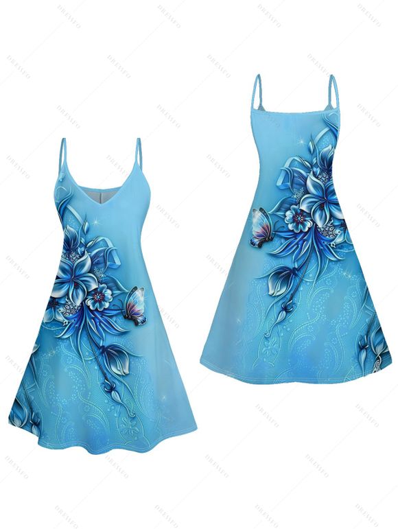 Butterfly Flower Print V Neck Mini Vacation Dress And Short Sleeve Shirt Matching Outfit - Bleu clair S | US 4