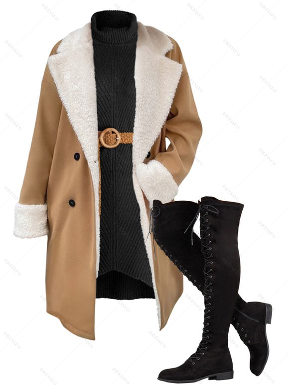 Faux Fur Liner Drop Shoulder Long Coat And Turtleneck Mini Sweater Dress Lace Up Over The Knee Boots Outfit - café lumière S | US 4