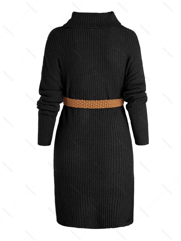 Faux Fur Liner Drop Shoulder Long Coat And Turtleneck Mini Sweater Dress Lace Up Over The Knee Boots Outfit - café lumière S | US 4