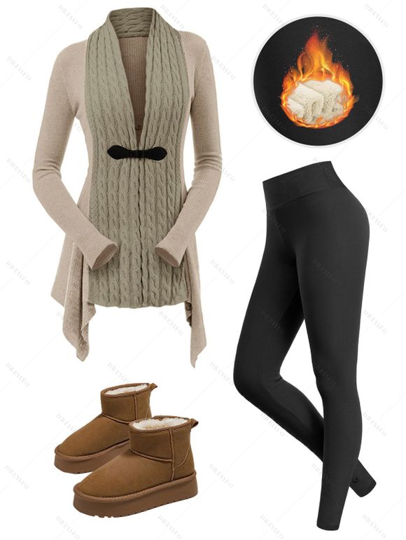 Cable Knit Asymmetrical Buckle Long Sleeve Cardigan And Fleece-lined Leggings Plush Lining Boots Outfit - café lumière S | US 4