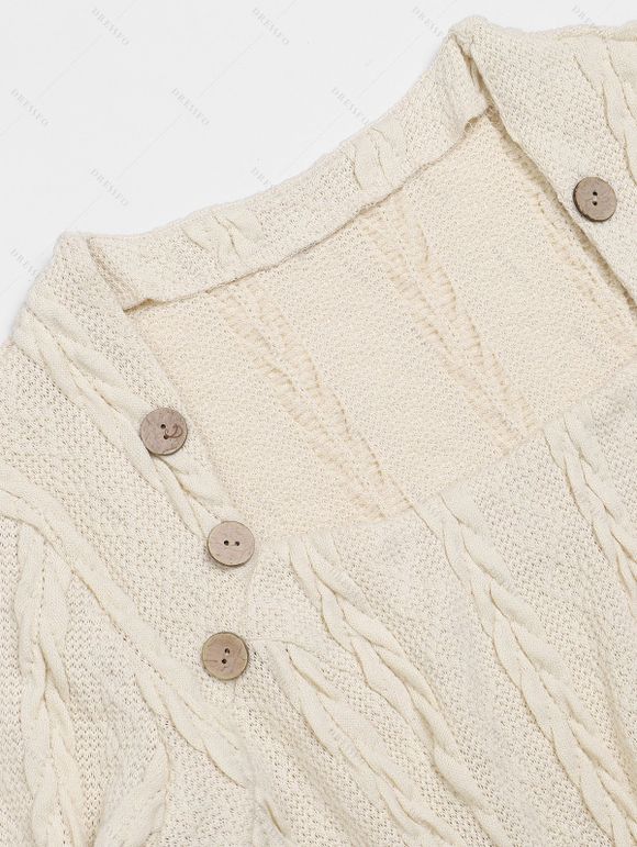 Cable Knit Textured Mock Button Sweater And Fleece-Lined Leggings Ethnic Style Warm High Boots Outfit - Beige S | US 4