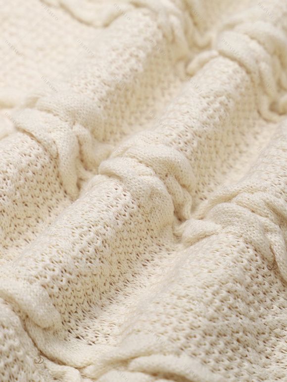 Cable Knit Textured Mock Button Sweater And Fleece-Lined Leggings Ethnic Style Warm High Boots Outfit - Beige S | US 4