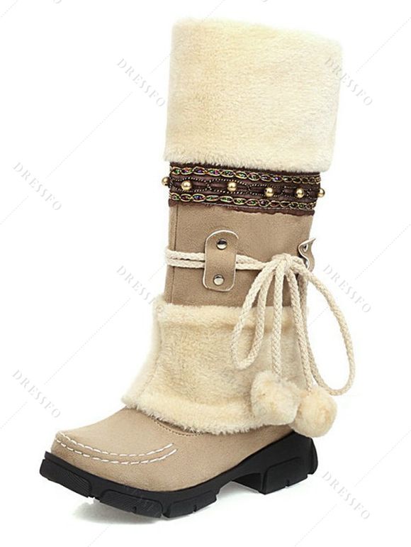 Cable Knit Textured Mock Button Sweater And Fleece-Lined Leggings Ethnic Style Warm High Boots Outfit - Beige S | US 4