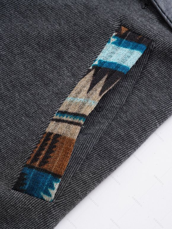 Tribal Print Patchwork Buckle Close Hooded Top And Fleece-Lined Slim Fit Leggings Ethnic Style  Faux Fur Lining Mid-calf Boots Outfit - Gris S | US 4