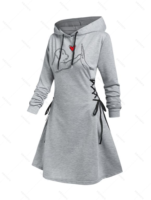 Mini-Robe à Capuche à Manches Longues avec Lacets et à Imprimé Cœur et Chiot pour Saint-Valentin - Gris Clair XXL | US 14