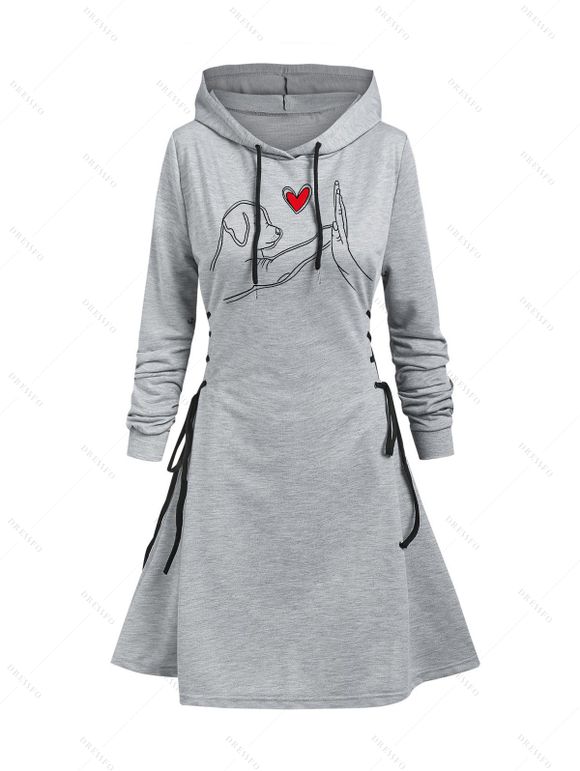 Mini-Robe à Capuche à Manches Longues avec Lacets et à Imprimé Cœur et Chiot pour Saint-Valentin - Gris Clair XXL | US 14