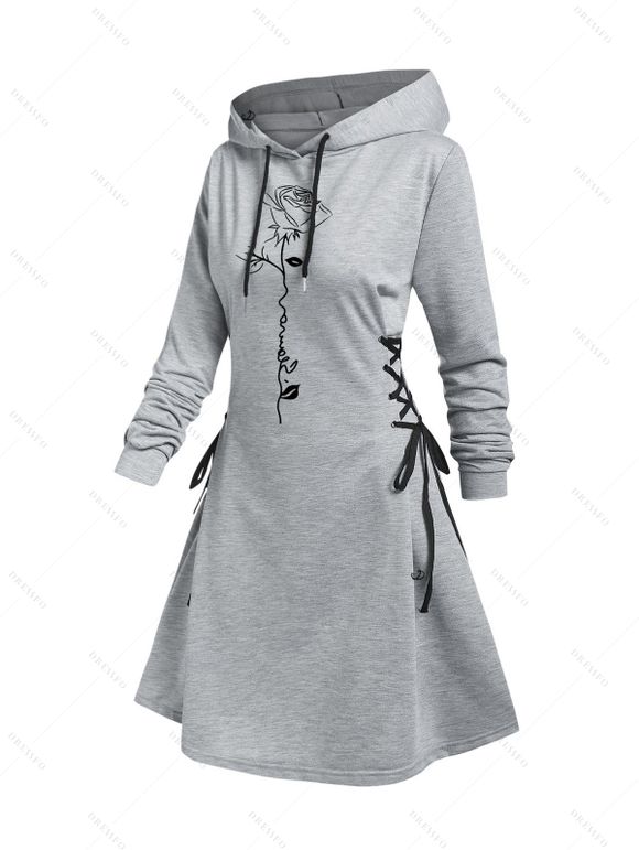 Robe Décontractée à Capuche Rose Imprimée à Manches Longues à Lacets - Gris Clair XXL | US 14